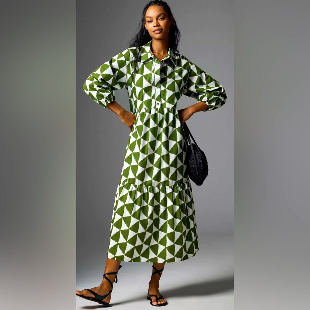 Anthropologie Green and White Bishop Sleeve Sundress